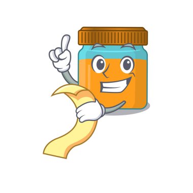 Elinde menü olan bal kavanozu maskotu karakteri.