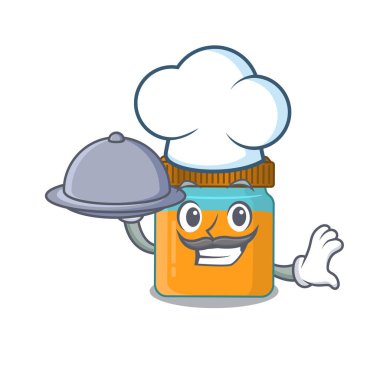 Bal kavanozunun maskot tasarımı tepside yemek servisi yapan şef.