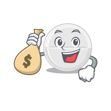 Tablet uyuşturucunun para çantası taşıdığı çılgın zengin karikatür resmi. Vektör illüstrasyonu