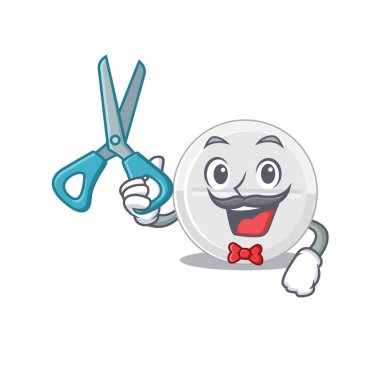 Berber dükkanında çalışan tablet ilaç, yetenekli berber çizgi film karakteri tasarımı. Vektör illüstrasyonu