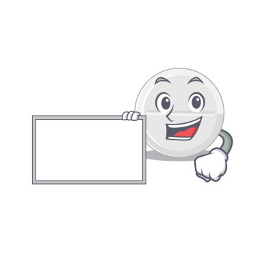 Çizgi film karakteri tarzı beyaz pano taşıyan bir hap. Vektör illüstrasyonu