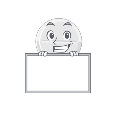 Masanın arkasında duran komik karikatür tasarım tableti. Vektör illüstrasyonu