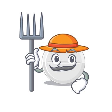 Çiftçi ilaç maskotu tasarımı şapkayla çalışıyor. Vektör illüstrasyonu