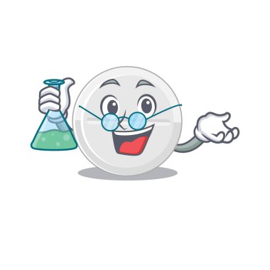 Süper Dâhi Tablet İlaç Karikatür Profesörü bir laboratuvar üzerinde çalışıyor. Vektör illüstrasyonu