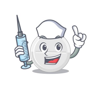 Şırıngalı ilaç hemşiresi maskotu tasarımı. Vektör illüstrasyonu