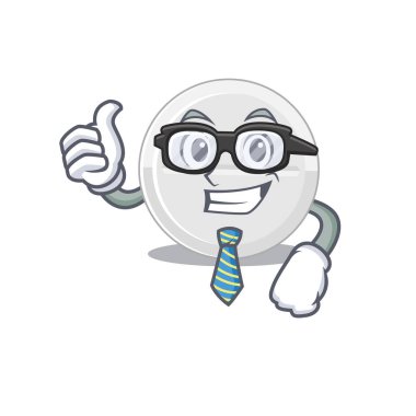 Maskot tarzı, hapçı, gözlüklü ve kravatlı bir iş adamı. Vektör illüstrasyonu