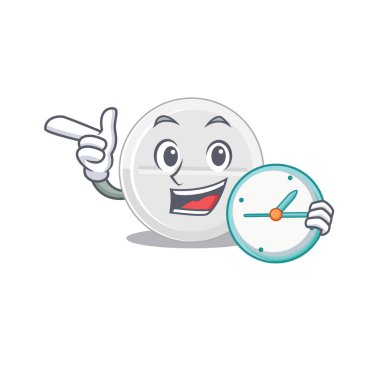 Elinde saat tutan neşeli bir tablet ilaç resmi. Vektör illüstrasyonu