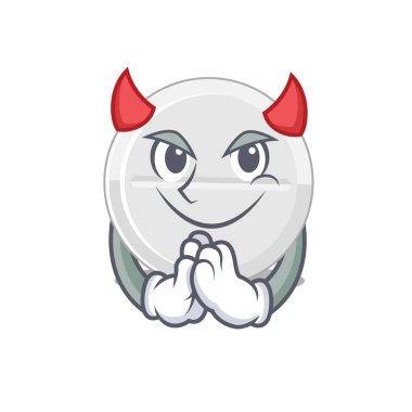 Cadılar Bayramı gecesi şeytan çizgi film karakteri gibi giyinmiş bir tablet ilaç. Vektör illüstrasyonu