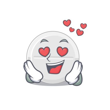 Tutkulu bir ilaç karikatürü maskot konsepti aşık gözlere sahiptir. Vektör illüstrasyonu