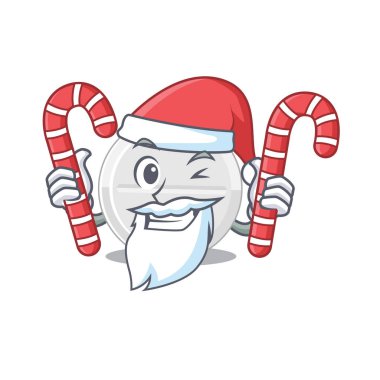 Santa Cartoon karakterine bürünmüş Noel şekerli tablet ilaç. Vektör illüstrasyonu
