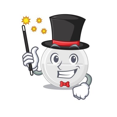 Tablet uyuşturucu karikatür tasarım tarzında akıllı bir sihirbaz. Vektör illüstrasyonu