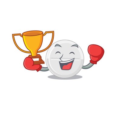 Tablet uyuşturucu karikatür tasarım stilinin efsanevi boks şampiyonu. Vektör illüstrasyonu