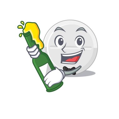 Tabletin karikatür tasarımı tarzı bir ilaç bir şişe şarapla tezahürat yapar. Vektör illüstrasyonu