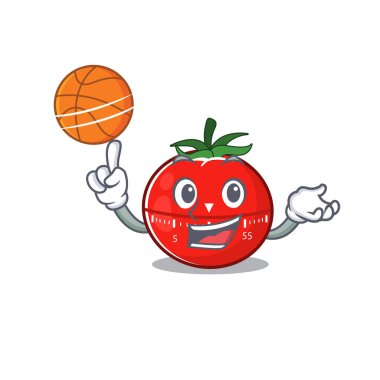 Basketbolla birlikte atletik domates mutfak zamanlayıcısı maskot tasarımı. Vektör illüstrasyonu