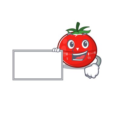 Çizgi film karakteri tarzı domates mutfak zamanlayıcısı elinde beyaz bir tahta tutuyor. Vektör illüstrasyonu