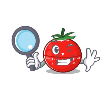 Domates mutfak zamanlayıcısının maskot tasarımı. Davayı aletlerle çözen süper dedektif. Vektör illüstrasyonu
