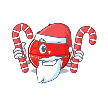 Noel Baba çizgi film karakteri gibi giyinmiş domates mutfağı zamanlayıcısı ve Noel şekeri. Vektör illüstrasyonu