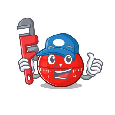 Domates mutfak zamanlayıcısının maskotluk tasarımı, aletli bir tesisatçı gibi. Vektör illüstrasyonu