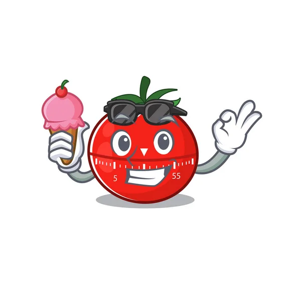 コーンアイスクリーム付きトマトキッチンタイマーのカリカチュアデザインコンセプト ベクターイラスト — ストックベクタ