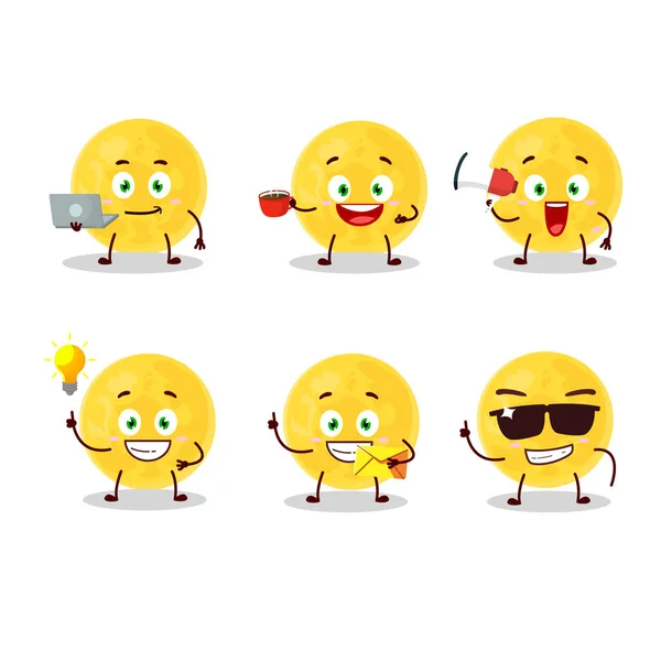 Personagem de desenho animado lua amarela com vários tipos de emoticons de negócios — Vetor de Stock