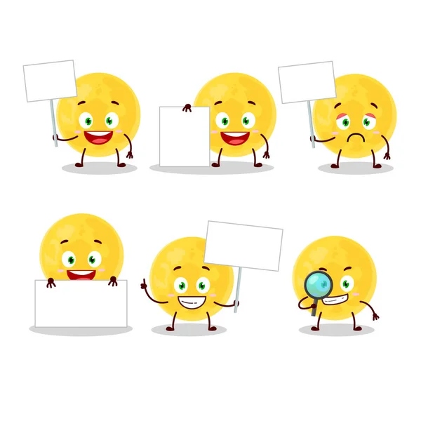 Yellow moon cartoon character bring information board — Stock Vector
