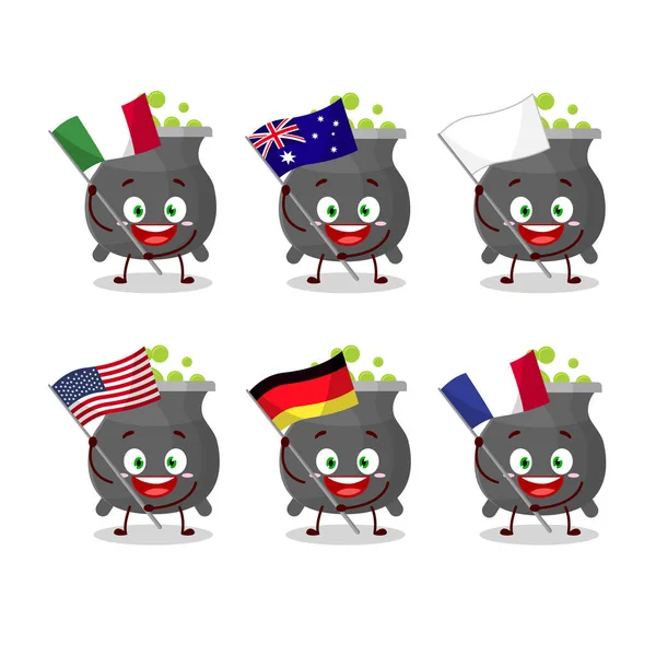 Caldero personaje de dibujos animados traer las banderas de varios países — Archivo Imágenes Vectoriales