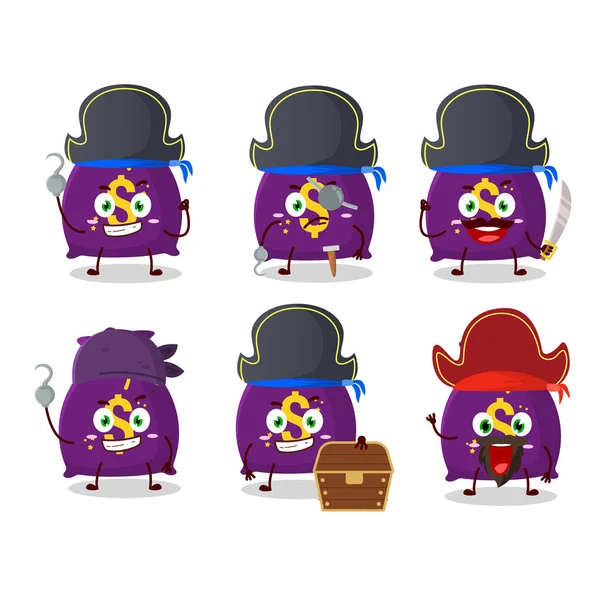 Personaggio dei cartoni animati di sacco magico denaro con varie emoticon pirati — Vettoriale Stock