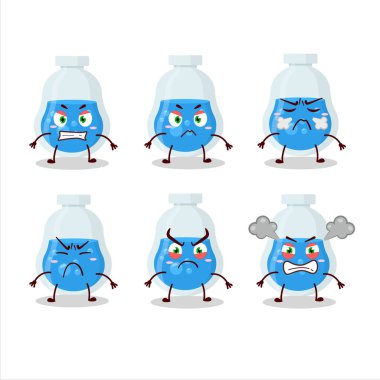 Çeşitli kızgın ifadeleri olan mavi iksir çizgi film karakteri