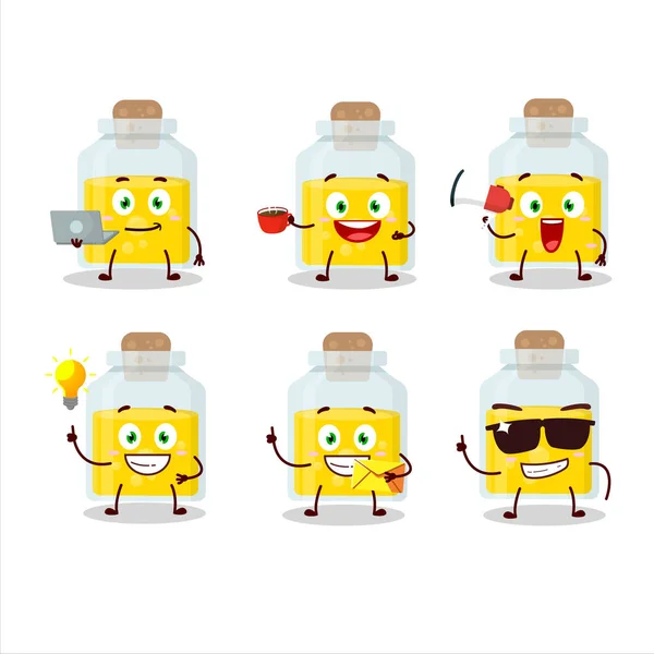Personaje de dibujos animados poción amarilla con varios tipos de emoticonos de negocios — Vector de stock