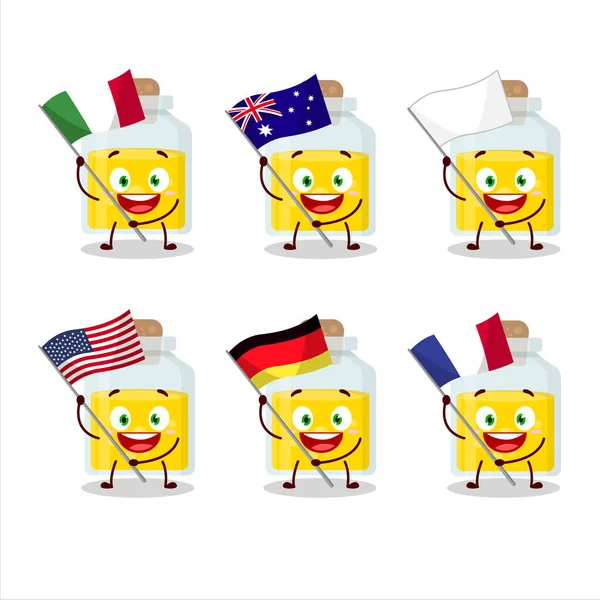 Potion jaune personnage de bande dessinée apporter les drapeaux de divers pays — Image vectorielle