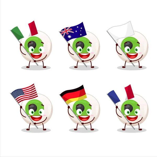 Ögongodis tecknad karaktär föra flaggor i olika länder — Stock vektor