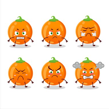 Çeşitli kızgın ifadeleri olan Cadılar Bayramı portakallı çizgi film karakteri