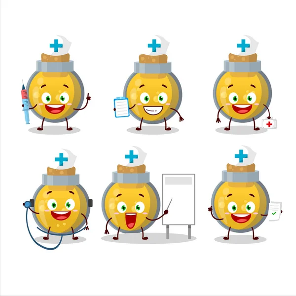 Médico profissão emoticon com personagem de desenho animado poção dourada — Vetor de Stock