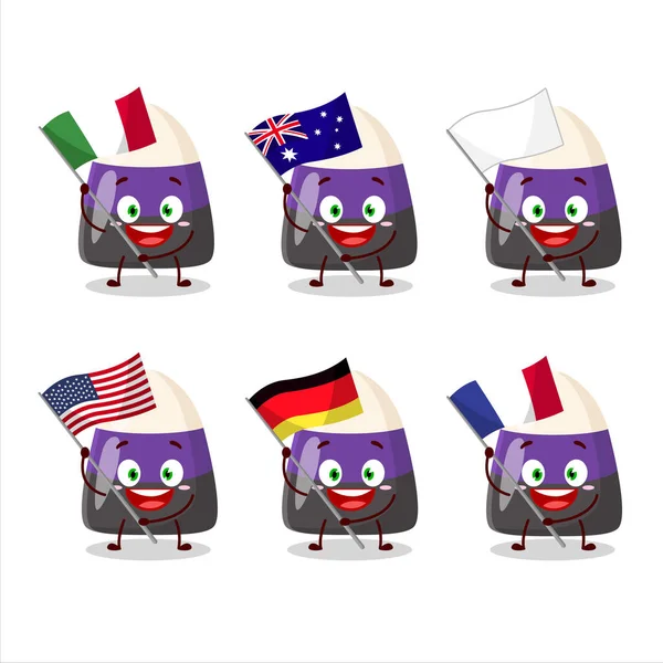 Cartone animato blu caramelle mais personaggio portare le bandiere di vari paesi — Vettoriale Stock