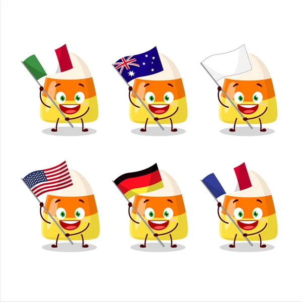 Snoep maïs stripfiguur brengen de vlaggen van verschillende landen — Stockvector