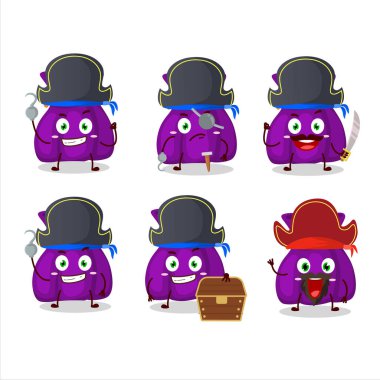 Çeşitli korsan ifadeleri olan mor şeker çuvalının çizgi film karakteri