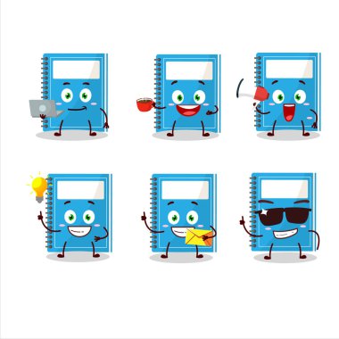 Çeşitli iş simgeleri içeren mavi çalışma kitabı çizgi film karakteri