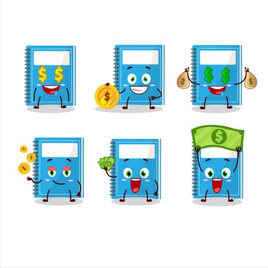 Mavi çalışma kitabı çizgi film karakteri. Sevimli ifadeli. Para getir.