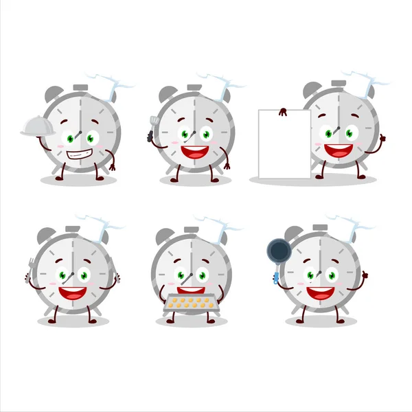 Personaje de dibujos animados de despertador con varios emoticonos chef — Vector de stock