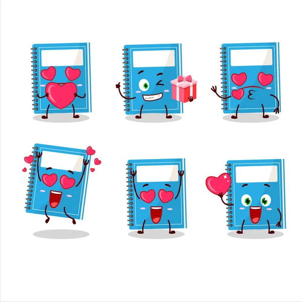 Libro di studio blu personaggio dei cartoni animati con amore emoticon carino — Vettoriale Stock