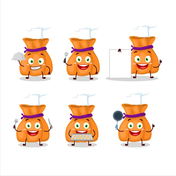 Мультфильм персонаж оранжевые конфеты мешок с различными смайликами шеф-повара — стоковый вектор
