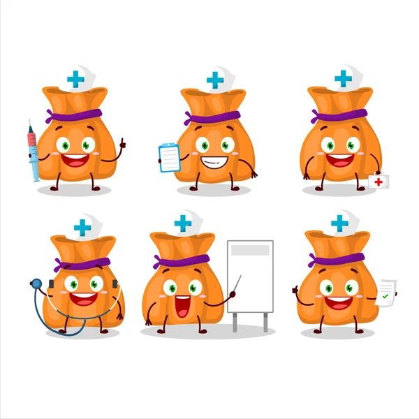 Doktor Beruf Emoticon mit orangefarbenem Bonbonsack Cartoon-Figur — Stockvektor