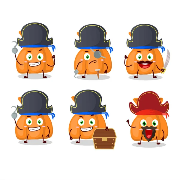 Personaje de dibujos animados de naranja saco de caramelo con varios emoticonos piratas — Vector de stock