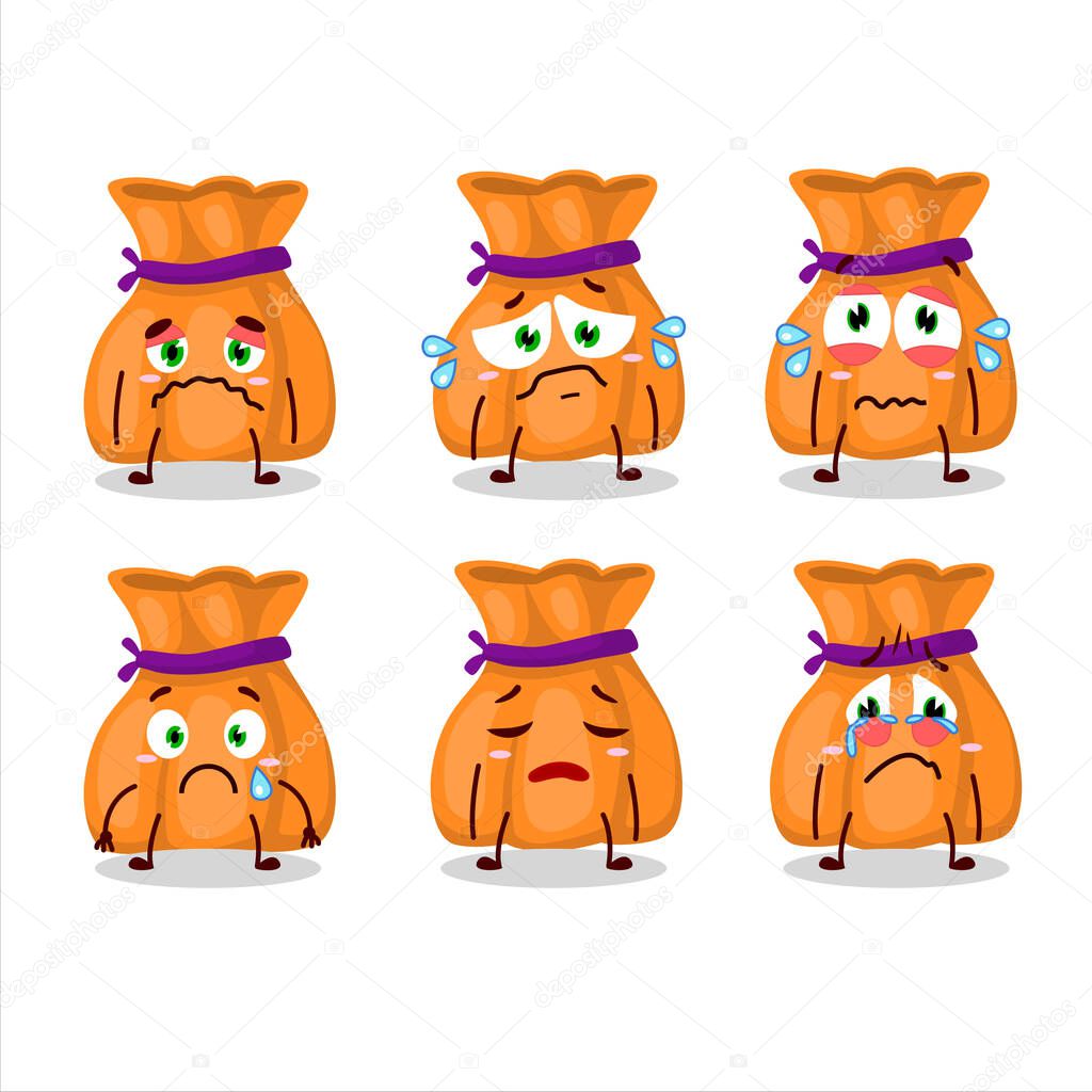 Orange candy sack cartoon character with sad expression