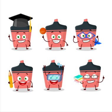 Değişik ifadeleri olan pembe renkli çizgi film karakteri öğrencisi.