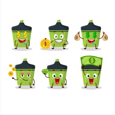 Yeşil renkli çizgi film karakteri, şirin ifadeli, para getiriyor.