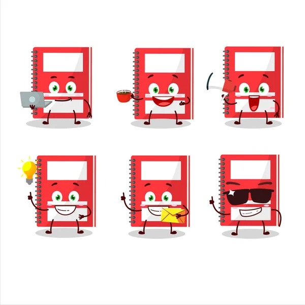 Desenho animado livro de estudo vermelho personagem com vários tipos de emoticons de negócios — Vetor de Stock
