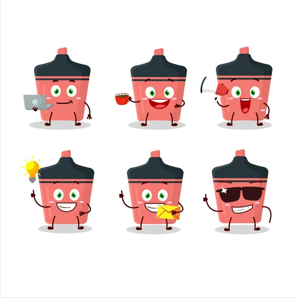 Personagem de desenho animado iluminador rosa com vários tipos de emoticons de negócios — Vetor de Stock