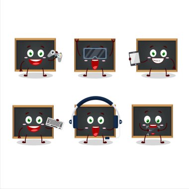 Karatahta çizgi film karakteri çeşitli şirin duygu simgeleriyle oyunlar oynuyor