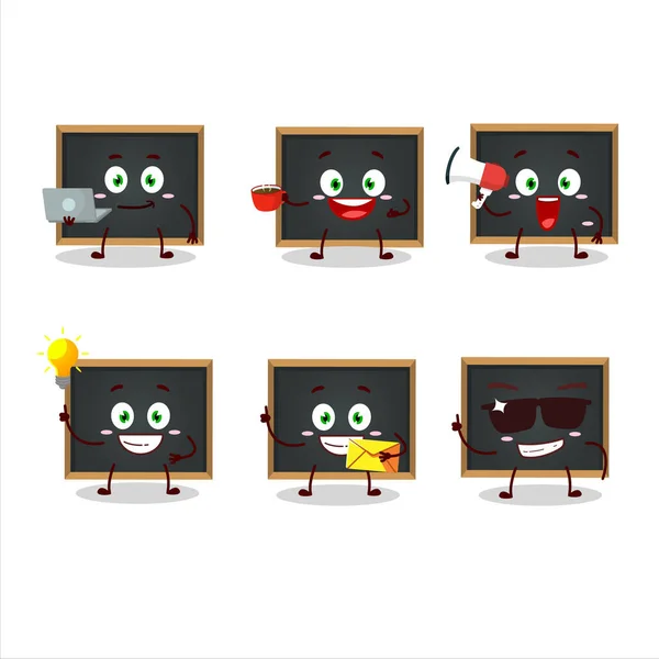 Blackboard cartoon character with various types of business emoticons — Stock Vector